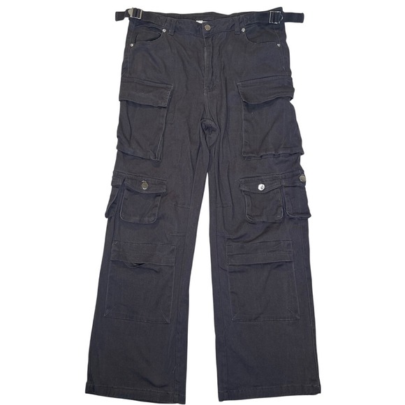 Vine And Valley Pants - Y2K 90s Quiet Luxury Cargo Pants Black Multi Pocket Utility Wide Leg LARGE